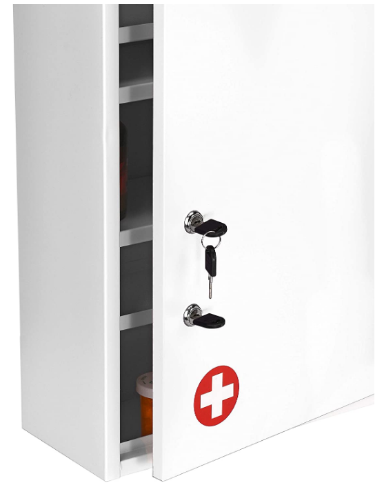 AdirMed Large Dual-Lock Medicine Cabinet – Wall Mounted & Secure Steel Medicine Pills & First Aid Kit & Emergency Kit Box with Locks for Home Office & School Use (White)