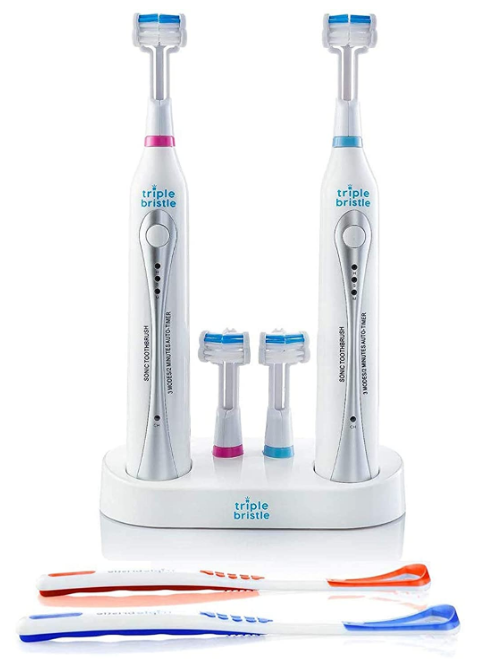 Triple Bristle Duo | 2 Sonic Toothbrushes with Dual Charging Station | Patented 3 Head Design | 31,000 VPM Electric Toothbrush Set | for Adults, Families & Couples | Triple Bristle Duo + Oral Kit 