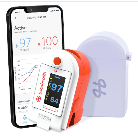 Medical Grade Pulse Oximeter by SonoHealth - Fingertip Blood Oxygen Saturation Monitor, Data Recording, Bluetooth-Enabled - Lifetime Mobile App Access