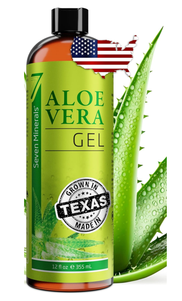 Seven Minerals Organic Aloe Vera Gel from freshly cut 100% Pure Aloe - Big 12oz - HighestQuality, Texas grown, Vegan, Unscented - For Face, Skin, Hair, Sunburn relief