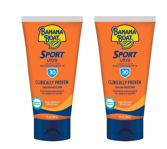 Banana Boat Sport Ultra Sunscreen Lotion SPF 30, Travel Size 3oz Twin Pack, Sweat & Water Resistant Sunblock for Active Lifestyle (Pack of 2)