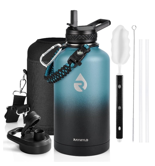 RAYMYLO Insulated Water Bottle 64 oz, Triple Wall Vacuum Stainless Steel (Cold for 48 Hrs), Leak Proof & Non-BPA, Half Gallon Water Flask Jug with Paracord Handle & Straw Spout Lids
