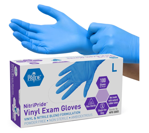 MED PRIDE Disposable Medical Vinyl Exam Gloves Single Use Nitrile-Vinyl Blend Exam Gloves, Large 100 - Powder Free, Latex Free & Rubber Free - Single Use Non-Sterile Protective Gloves