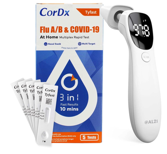 CorDx Flu A/B & COVID-19 Rapid Test (5-Pack) and Infrared Thermometer Bundle