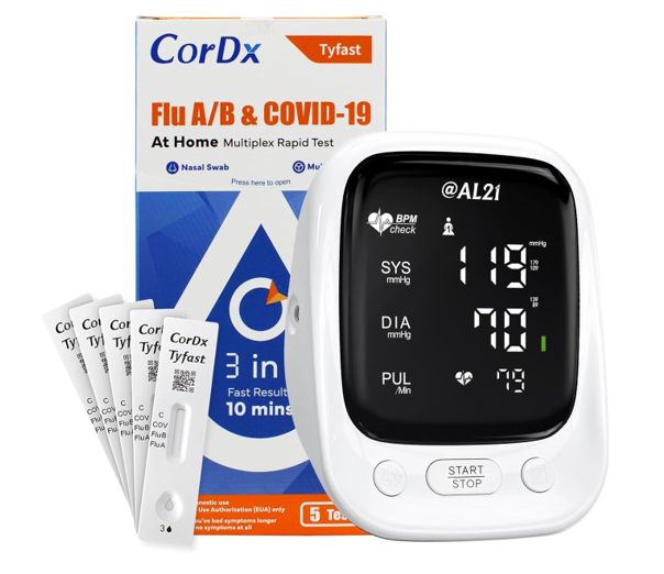 Flu A/B & COVID-19 Rapid Test (5-Pack) and Blood Pressure Monitor Bundle
